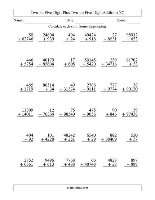 The Two- to Five-Digit Plus Two- to Five-Digit Addition With Some Regrouping – 36 Questions (C) Math Worksheet
