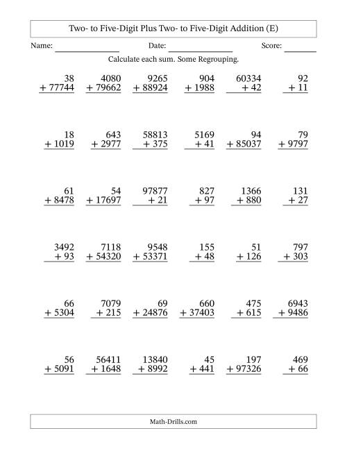 The Two- to Five-Digit Plus Two- to Five-Digit Addition With Some Regrouping – 36 Questions (E) Math Worksheet