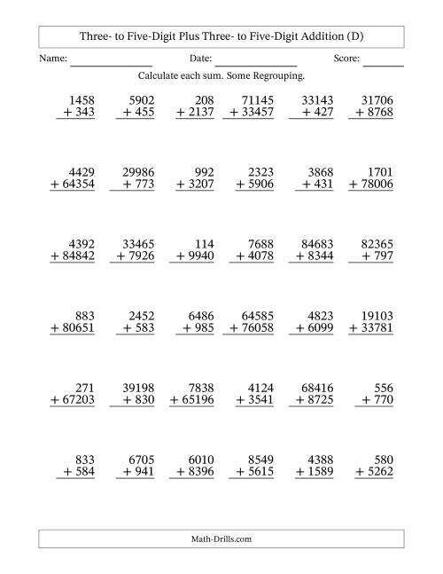 The Three- to Five-Digit Plus Three- to Five-Digit Addition With Some Regrouping – 36 Questions (D) Math Worksheet