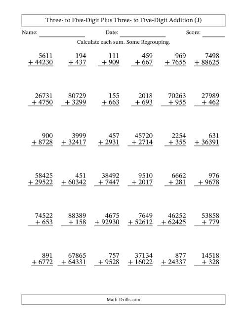 The Three- to Five-Digit Plus Three- to Five-Digit Addition With Some Regrouping – 36 Questions (J) Math Worksheet