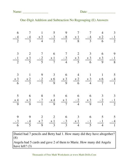 The Single-Digit -- No Regrouping (E) Math Worksheet Page 2