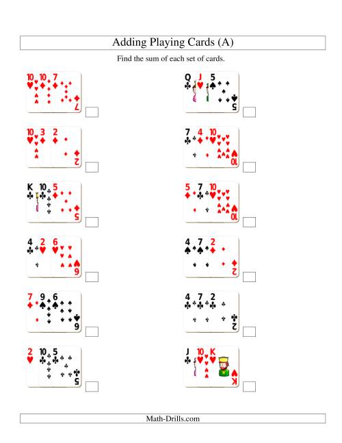 The Adding 3 Playing Cards (A) Math Worksheet