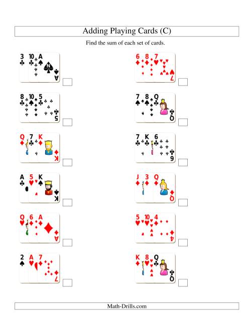 The Adding 3 Playing Cards (C) Math Worksheet