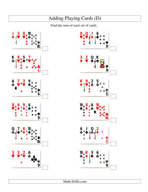 The Adding 4 Playing Cards (D) Math Worksheet