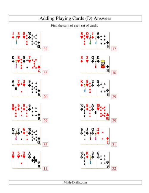 The Adding 4 Playing Cards (D) Math Worksheet Page 2