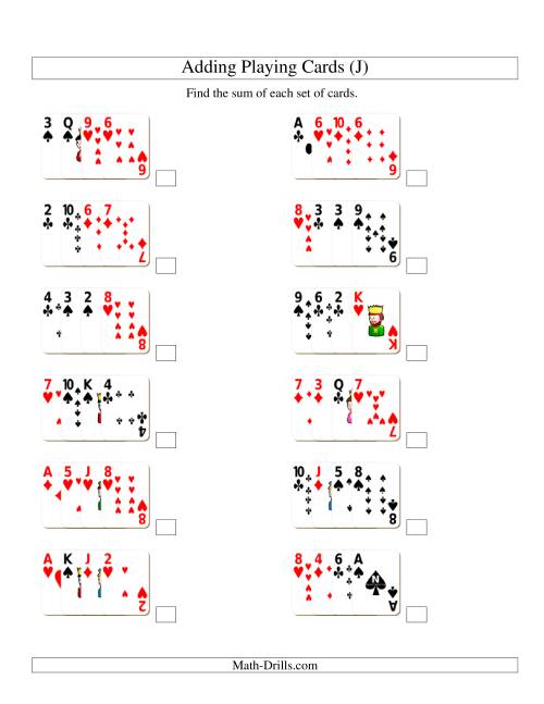 The Adding 4 Playing Cards (J) Math Worksheet