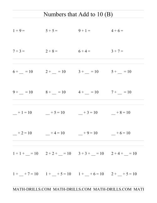 The Single Digit Addition -- Numbers that add to 10 (B) Math Worksheet
