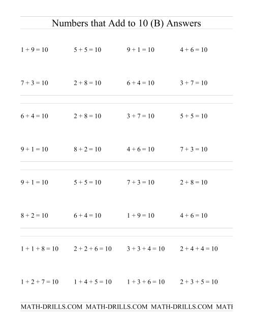 The Single Digit Addition -- Numbers that add to 10 (B) Math Worksheet Page 2