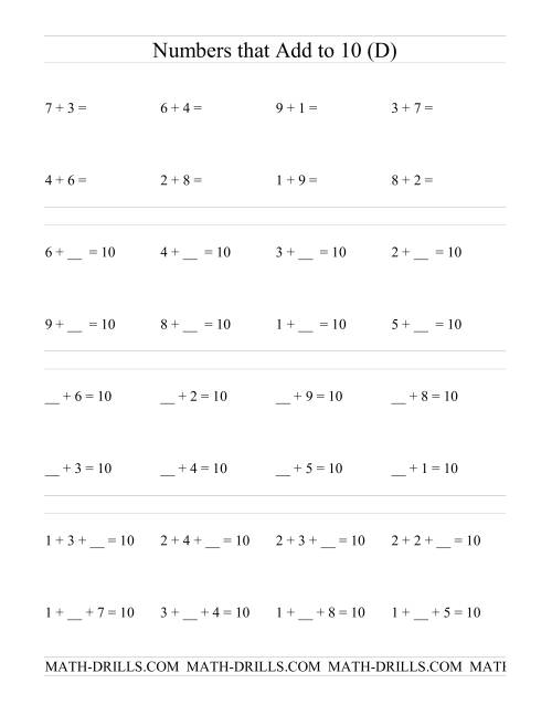 The Single Digit Addition -- Numbers that add to 10 (D) Math Worksheet