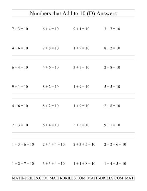 The Single Digit Addition -- Numbers that add to 10 (D) Math Worksheet Page 2