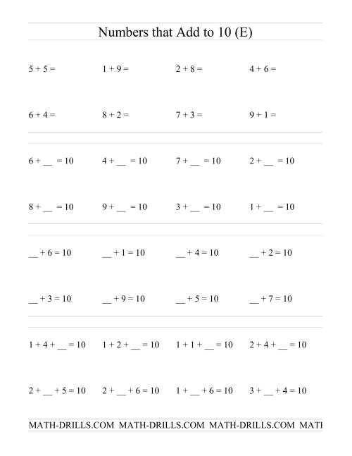 The Single Digit Addition -- Numbers that add to 10 (E) Math Worksheet
