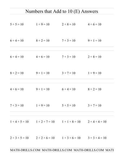 The Single Digit Addition -- Numbers that add to 10 (E) Math Worksheet Page 2