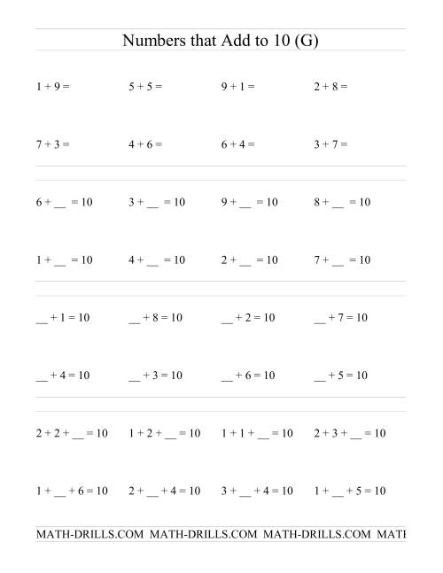 The Single Digit Addition -- Numbers that add to 10 (G) Math Worksheet