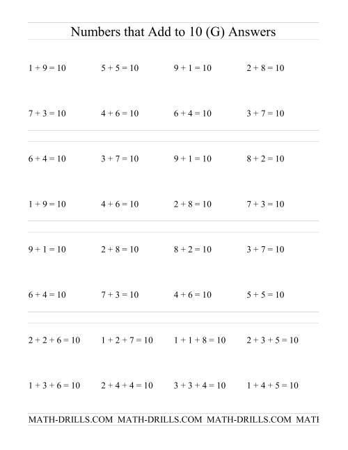 The Single Digit Addition -- Numbers that add to 10 (G) Math Worksheet Page 2