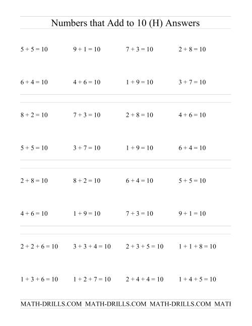The Single Digit Addition -- Numbers that add to 10 (H) Math Worksheet Page 2