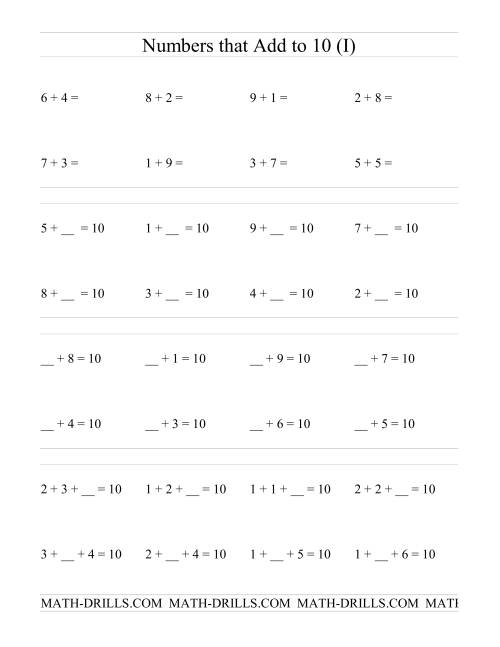 The Single Digit Addition -- Numbers that add to 10 (I) Math Worksheet