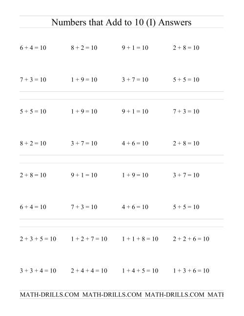 The Single Digit Addition -- Numbers that add to 10 (I) Math Worksheet Page 2
