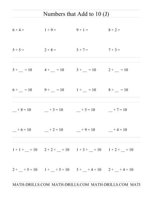 The Single Digit Addition -- Numbers that add to 10 (J) Math Worksheet
