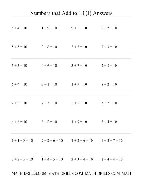 The Single Digit Addition -- Numbers that add to 10 (J) Math Worksheet Page 2
