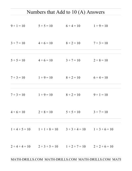 The Single Digit Addition -- Numbers that add to 10 (All) Math Worksheet Page 2