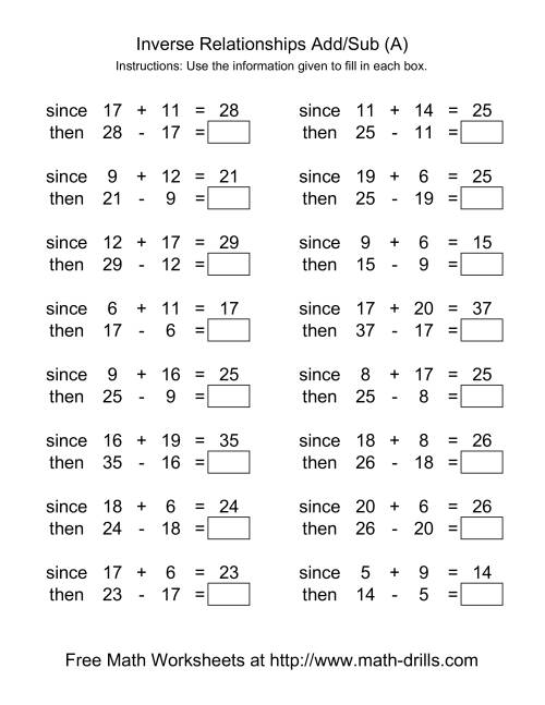 5 (A) Range 20 algebra Addition to worksheets Subtraction and  addition  Relationships     Inverse