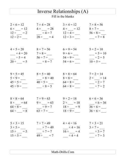 ks2 Multiplication Division  Inverse and basic Inverse worksheets  Relationships  algebra All