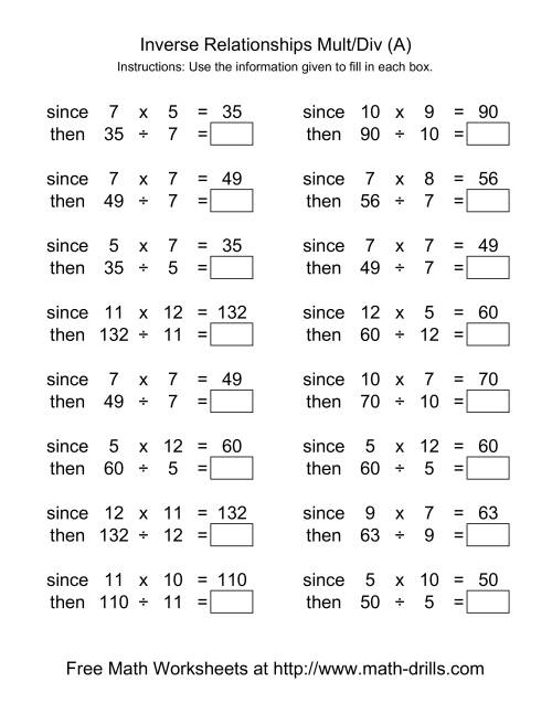 The Inverse Relationships -- Multiplication and Division -- Range 5 to 12 (A) Math Worksheet