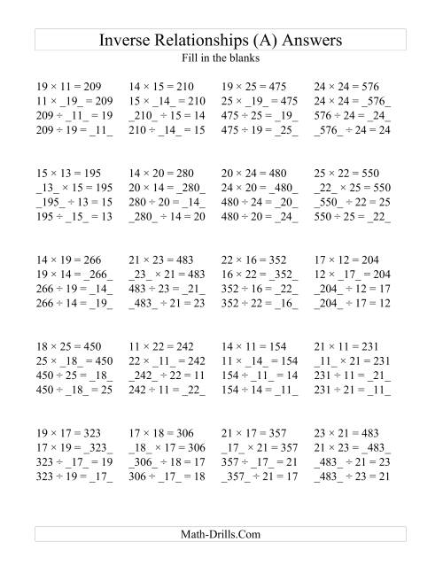 The Inverse Relationships -- Multiplication and Division All Inverse Relationships -- Range 10 to 25 (A) Math Worksheet Page 2