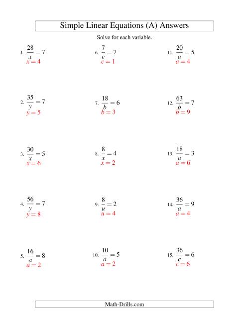 The Solving Linear Equations -- Form a/x = c (A) Math Worksheet Page 2