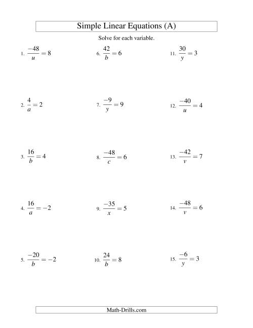 The Solving Linear Equations (Including Negative Values) -- Form a/x = c (A) Math Worksheet