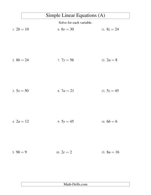The Solving Linear Equations -- Form ax = c (A) Math Worksheet