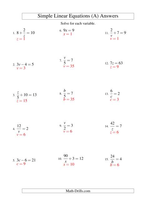 The Solving Linear Equations -- Form ax + b = c Variations (A) Math Worksheet Page 2