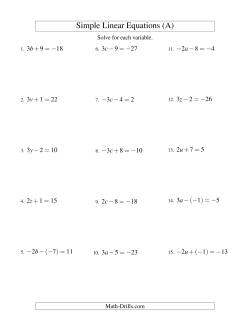 Solving Linear Equations (Including Negative Values) -- Form ax ± b = c