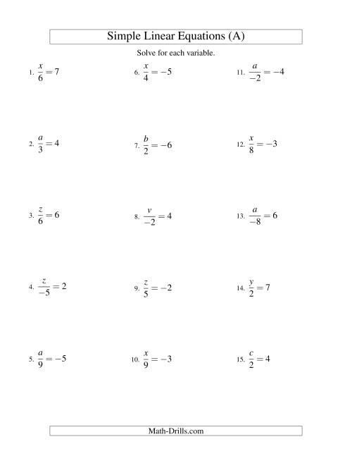The Solving Linear Equations (Including Negative Values) -- Form x/a = c (A) Math Worksheet