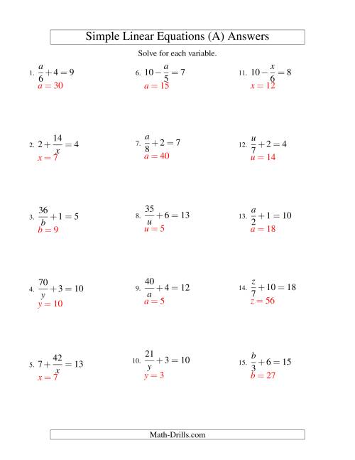 The Solving Linear Equations -- Mixture of Forms x/a ± b = c and a/x ± b = c (A) Math Worksheet Page 2