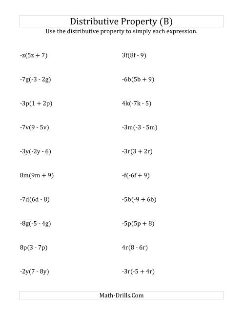 The Using the Distributive Property (All Answers Include Exponents) (B) Math Worksheet