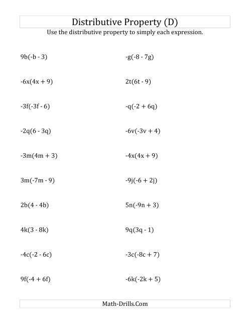 The Using the Distributive Property (All Answers Include Exponents) (D) Math Worksheet