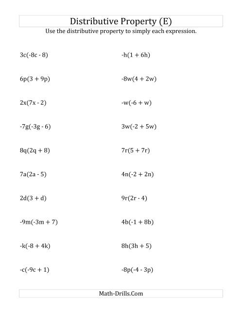 The Using the Distributive Property (All Answers Include Exponents) (E) Math Worksheet
