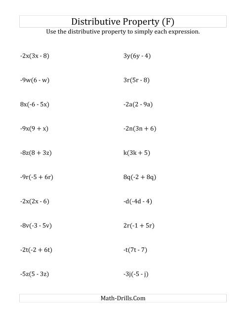 The Using the Distributive Property (All Answers Include Exponents) (F) Math Worksheet