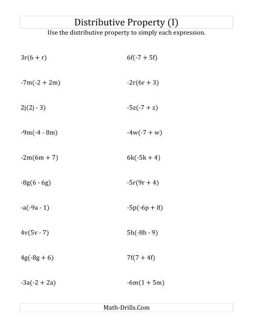 The Using the Distributive Property (All Answers Include Exponents) (I) Math Worksheet