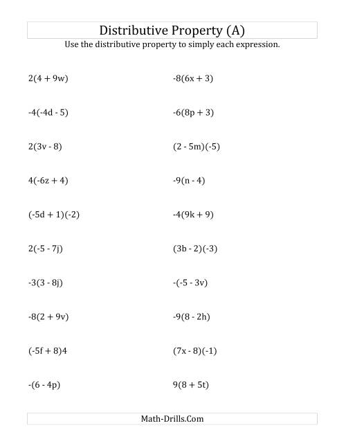 The Using the Distributive Property (Answers Do Not Include Exponents) (A) Math Worksheet