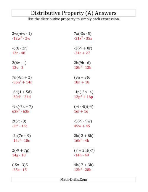 The Using the Distributive Property (Some Answers Include Exponents) (A) Math Worksheet Page 2