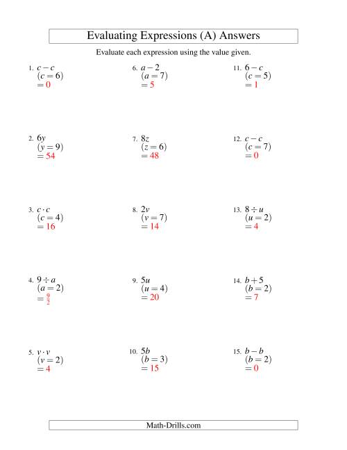 The Evaluating One-Step Algebraic Expressions with One Variable and No Exponents (A) Math Worksheet Page 2