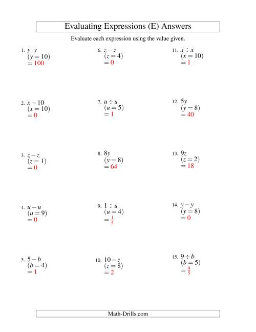 The Evaluating One-Step Algebraic Expressions with One Variable and No Exponents (E) Math Worksheet Page 2