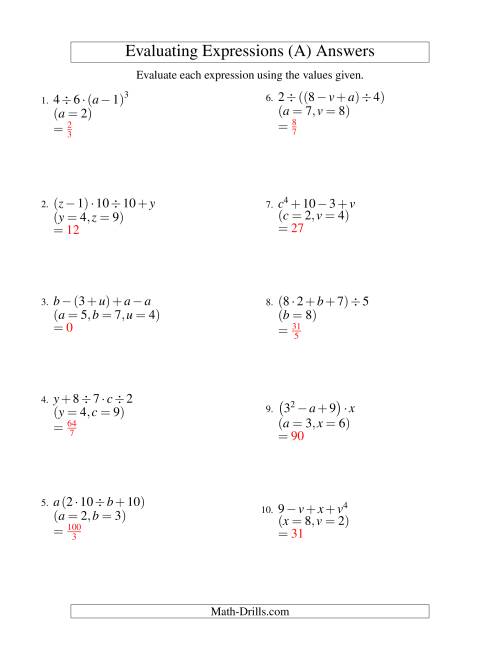 The Evaluating Four-Step Algebraic Expressions with Three Variables (A) Math Worksheet Page 2