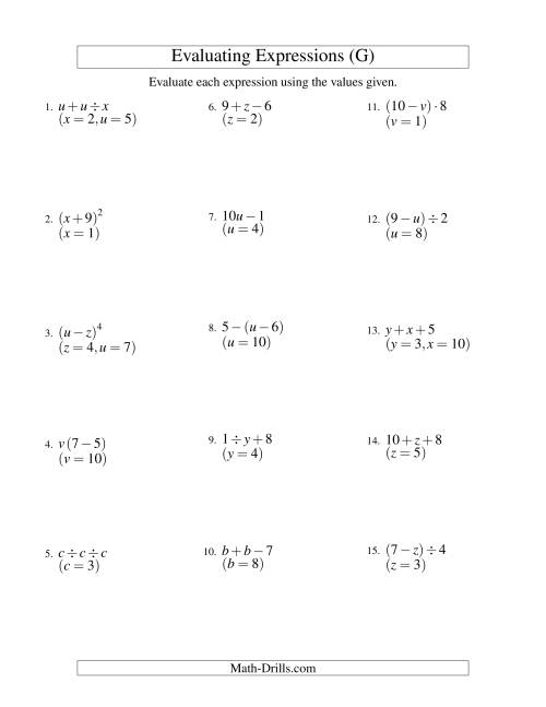 The Evaluating Two-Step Algebraic Expressions with Two Variables (G) Math Worksheet