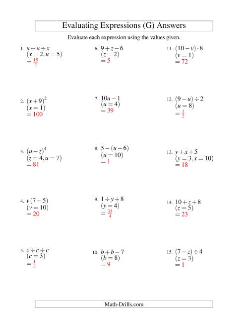 The Evaluating Two-Step Algebraic Expressions with Two Variables (G) Math Worksheet Page 2