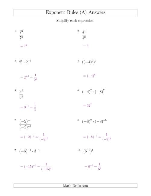 The Mixed Exponent Rules (With Negatives) (A) Math Worksheet Page 2
