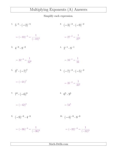 The Multiplying Exponents With Different Bases and the Same Exponent (With Negatives) (A) Math Worksheet Page 2