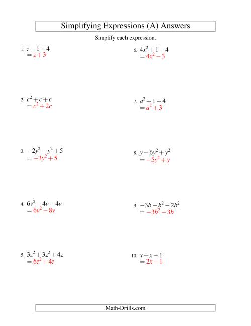 The Simplifying Algebraic Expressions with One Variable and Three Terms (Addition and Subtraction) (A) Math Worksheet Page 2